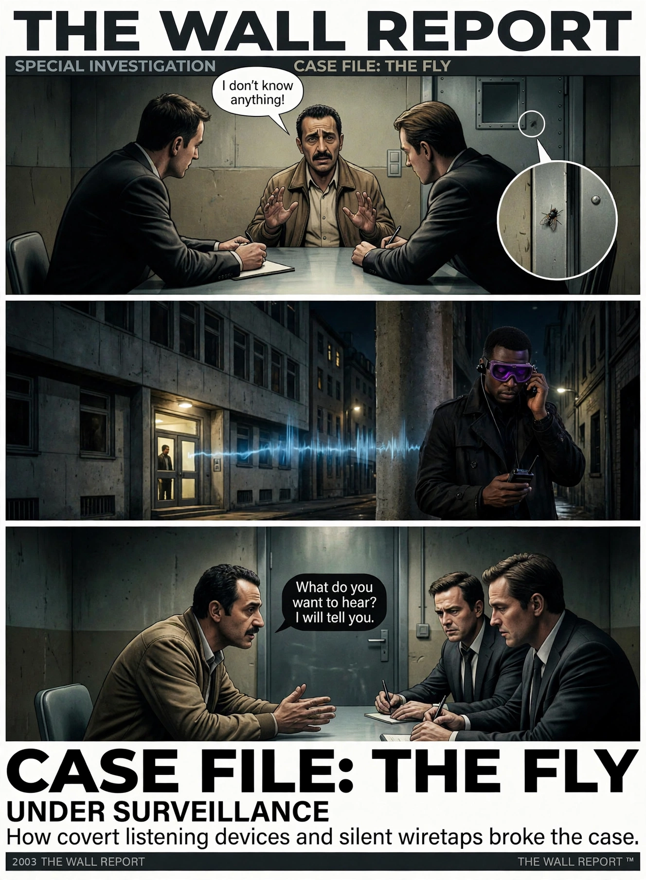 Three-panel surveillance comic — Case File: The Fly, Under Surveillance